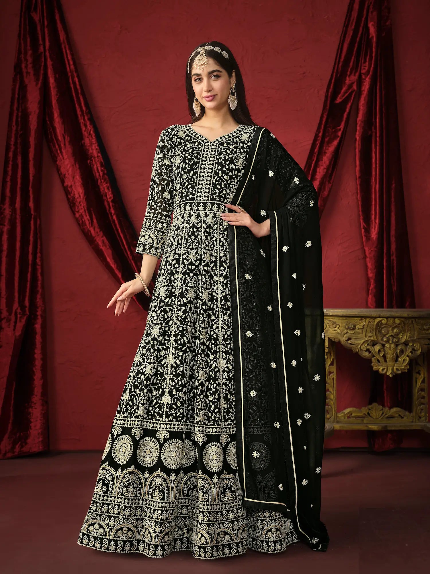 Black Georgette Thread & Sequence Embroidery Work Gown - qivii