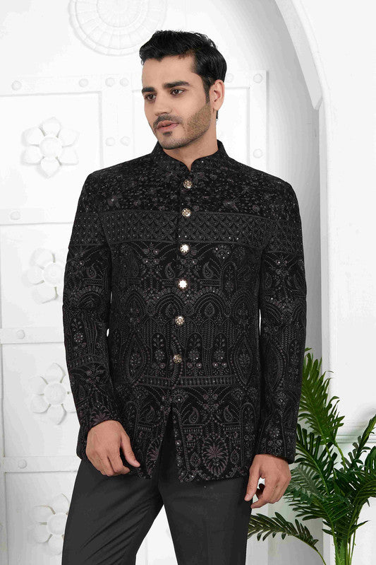 Men's Black Velvet Thread Work Jodhpuri Jacket