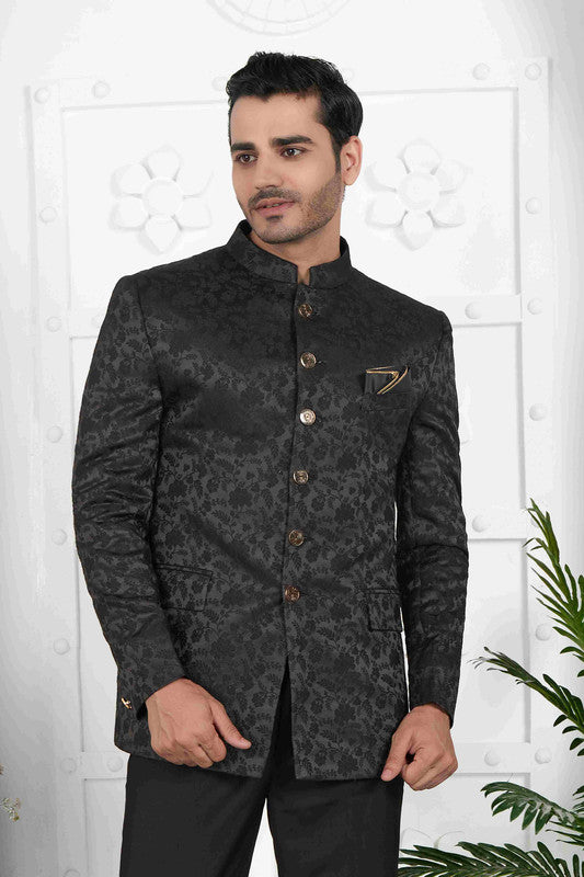 Men's Black Jacquard Silk Thread Work Jodhpuri Jacket