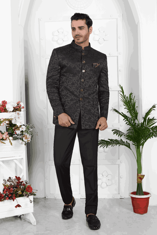 Men's Black Jacquard Silk Thread Work Jodhpuri Jacket