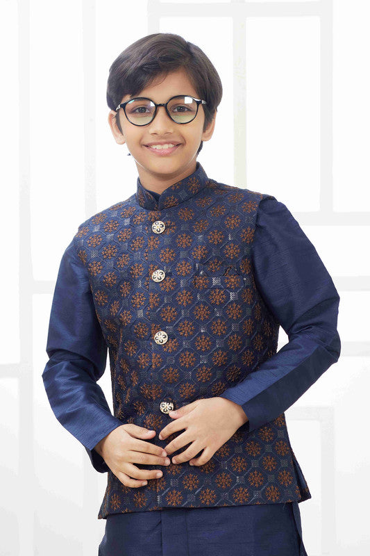 Boy's Navy Blue Art Silk Embroidery Jacket Set