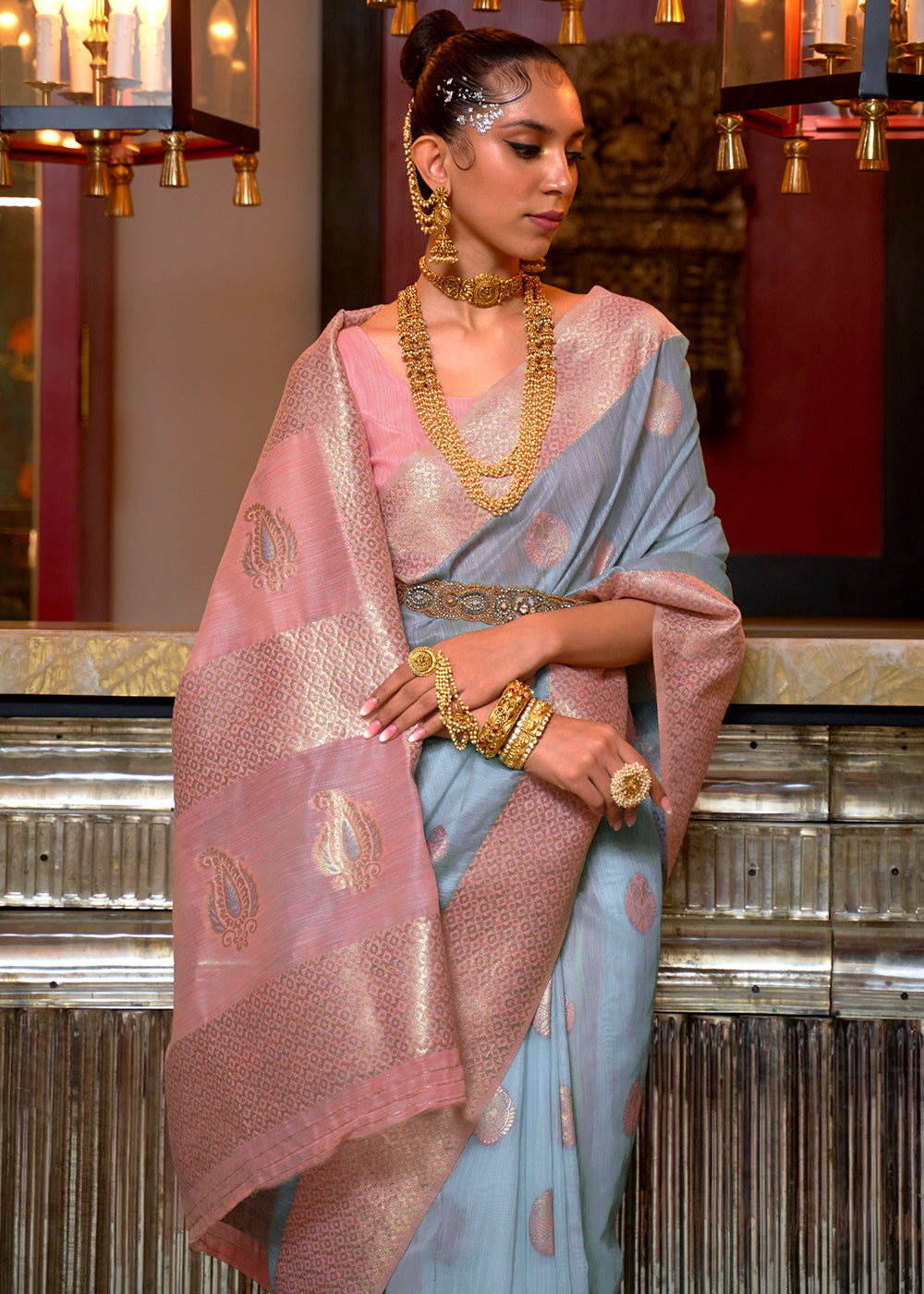 Sky Blue Woven Linen Silk Saree with Contrast Border & Pallu - qivii