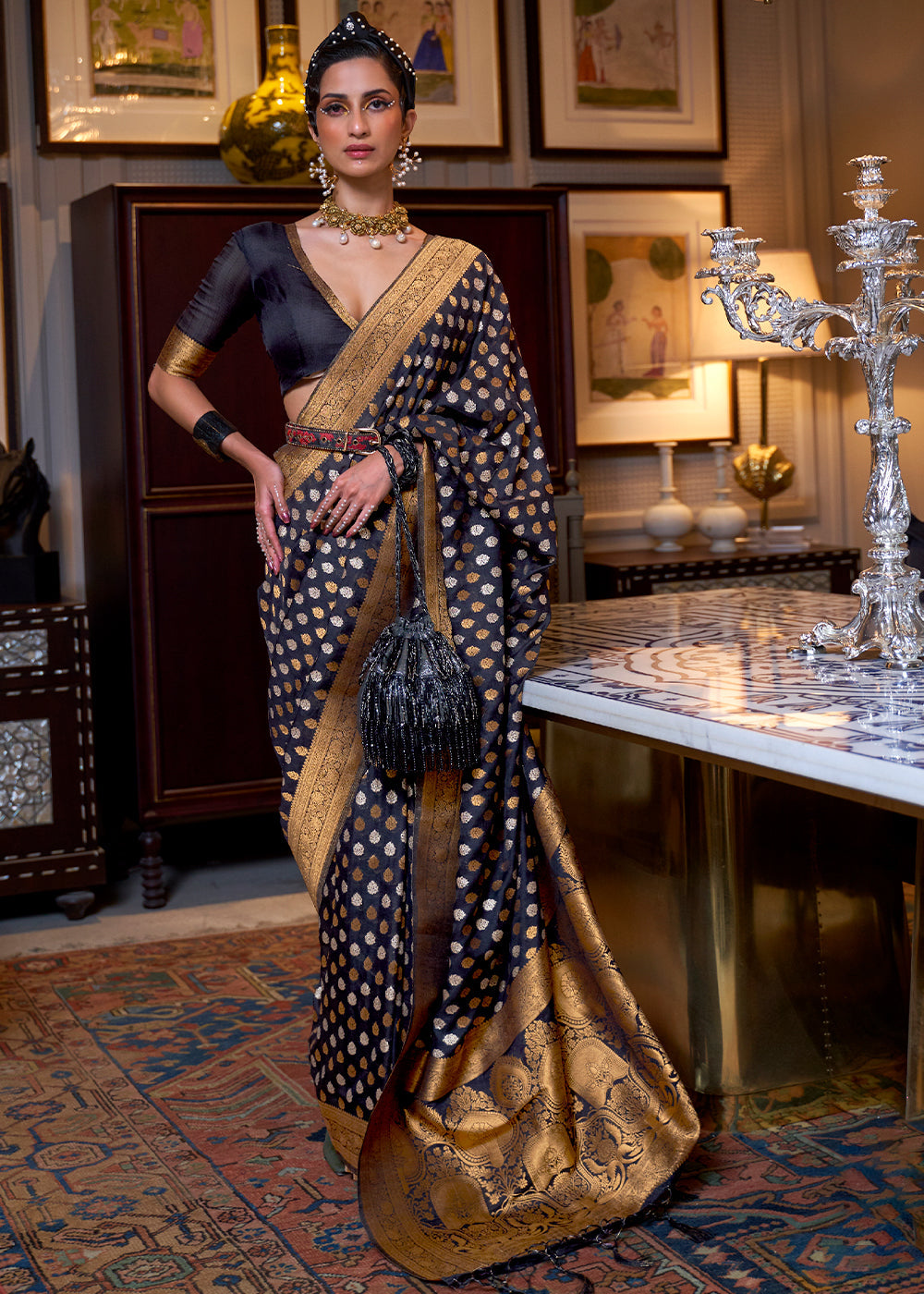 Space Blue Copper Zari Woven Banarasi Khaddi Silk Saree - qivii