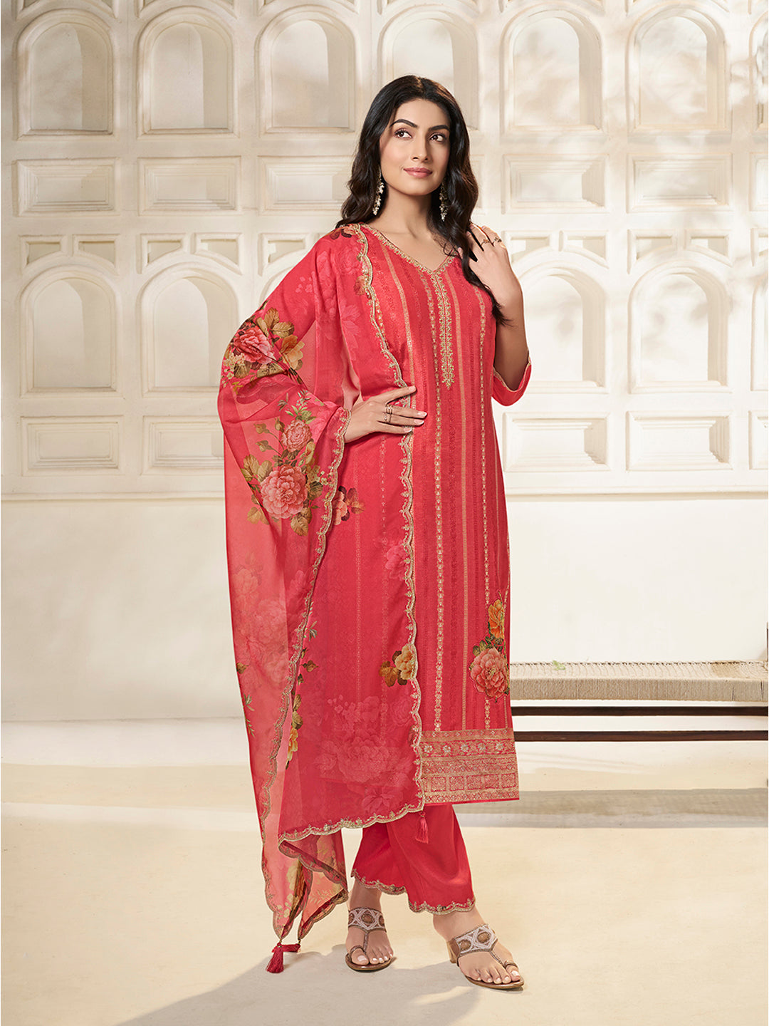 Peach Dola Silk Jacquard weave with Applique patch Kurta Suit set - qivii