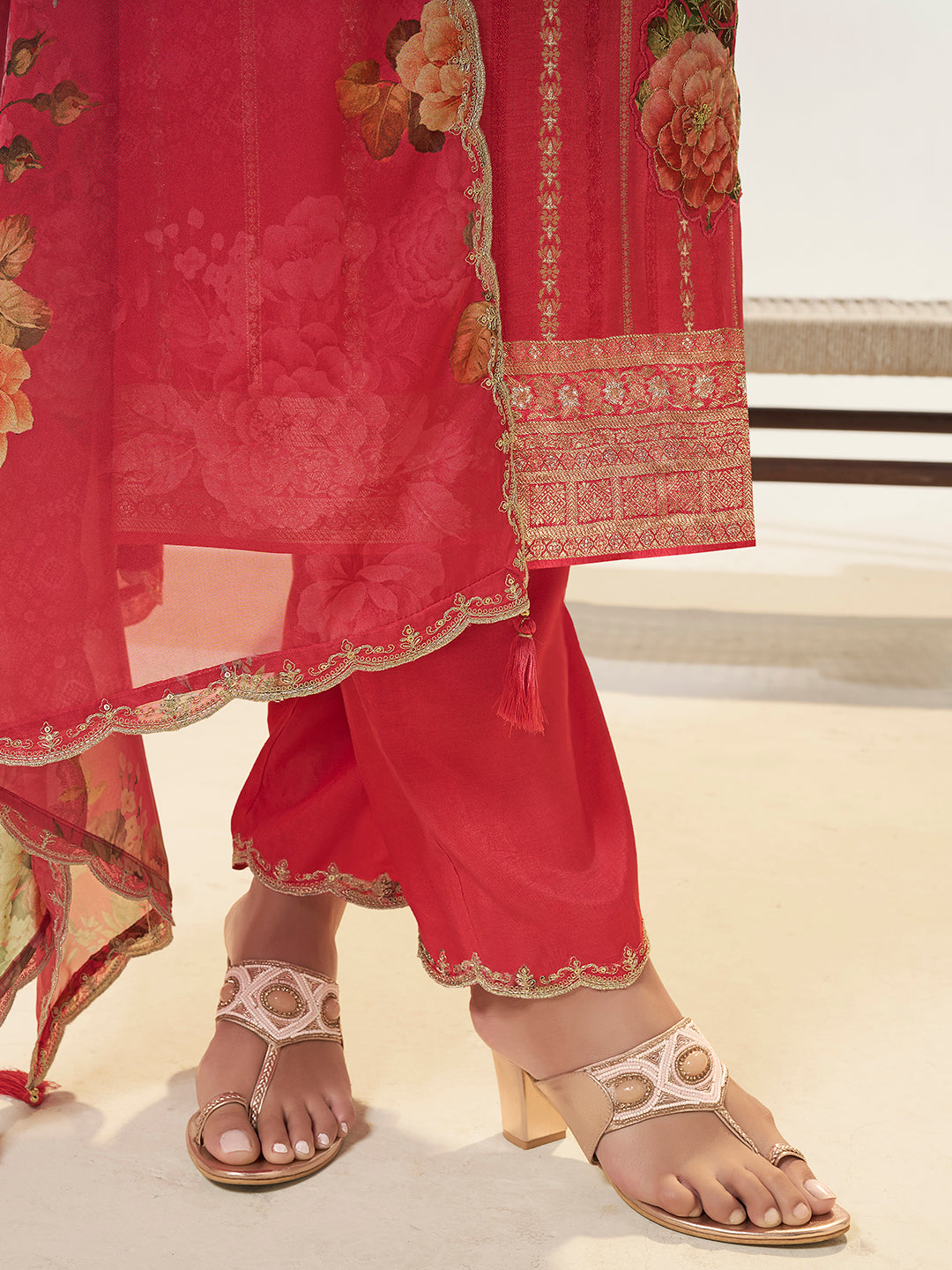 Peach Dola Silk Jacquard weave with Applique patch Kurta Suit set - qivii