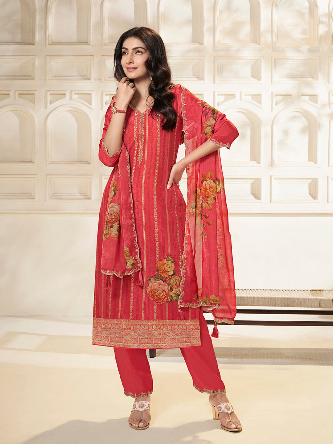 Peach Dola Silk Jacquard weave with Applique patch Kurta Suit set - qivii