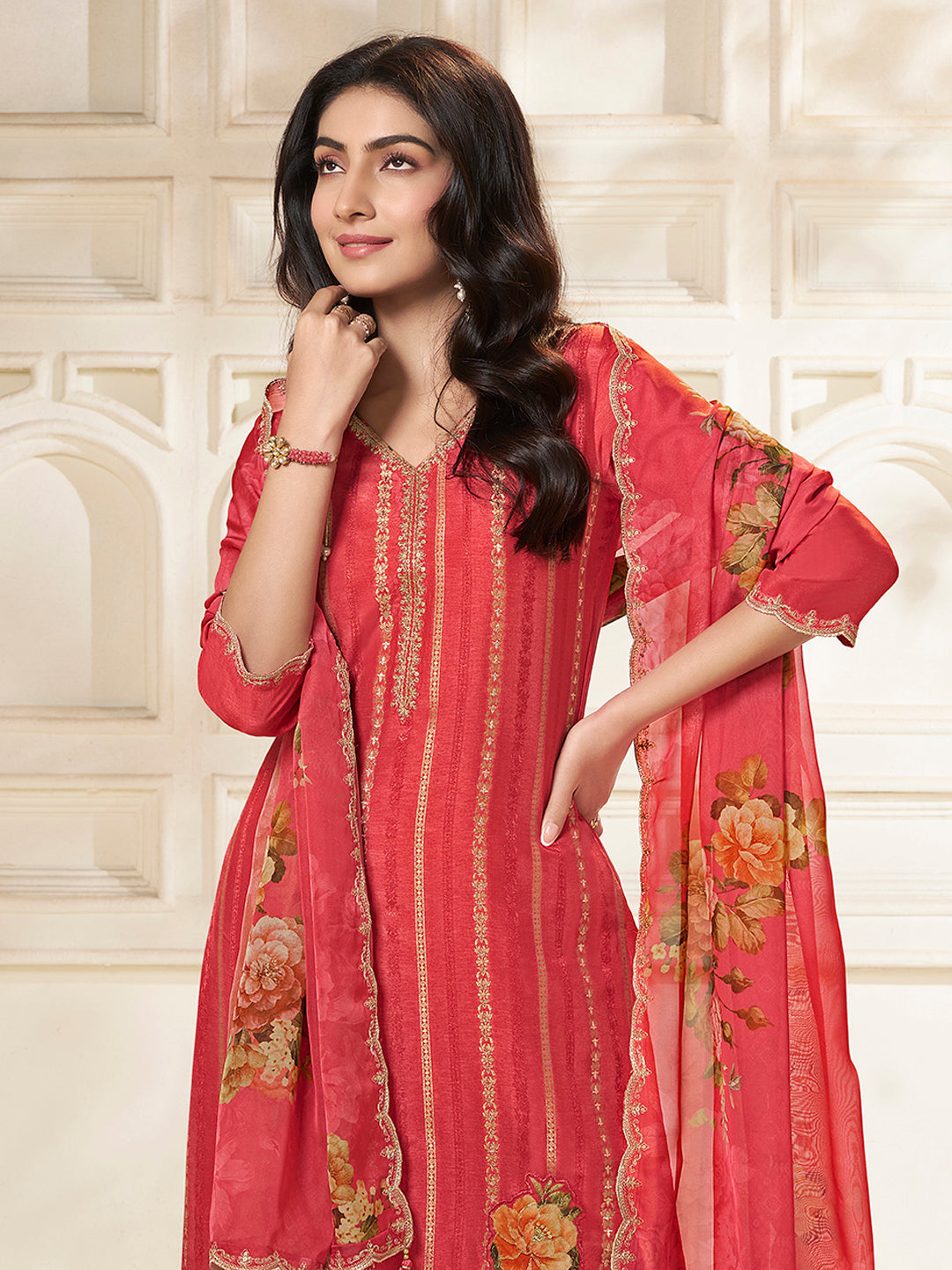 Peach Dola Silk Jacquard weave with Applique patch Kurta Suit set - qivii