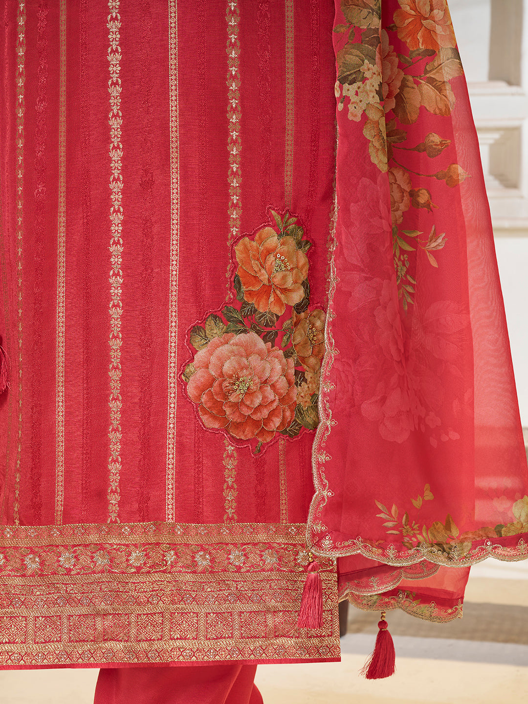 Peach Dola Silk Jacquard weave with Applique patch Kurta Suit set - qivii