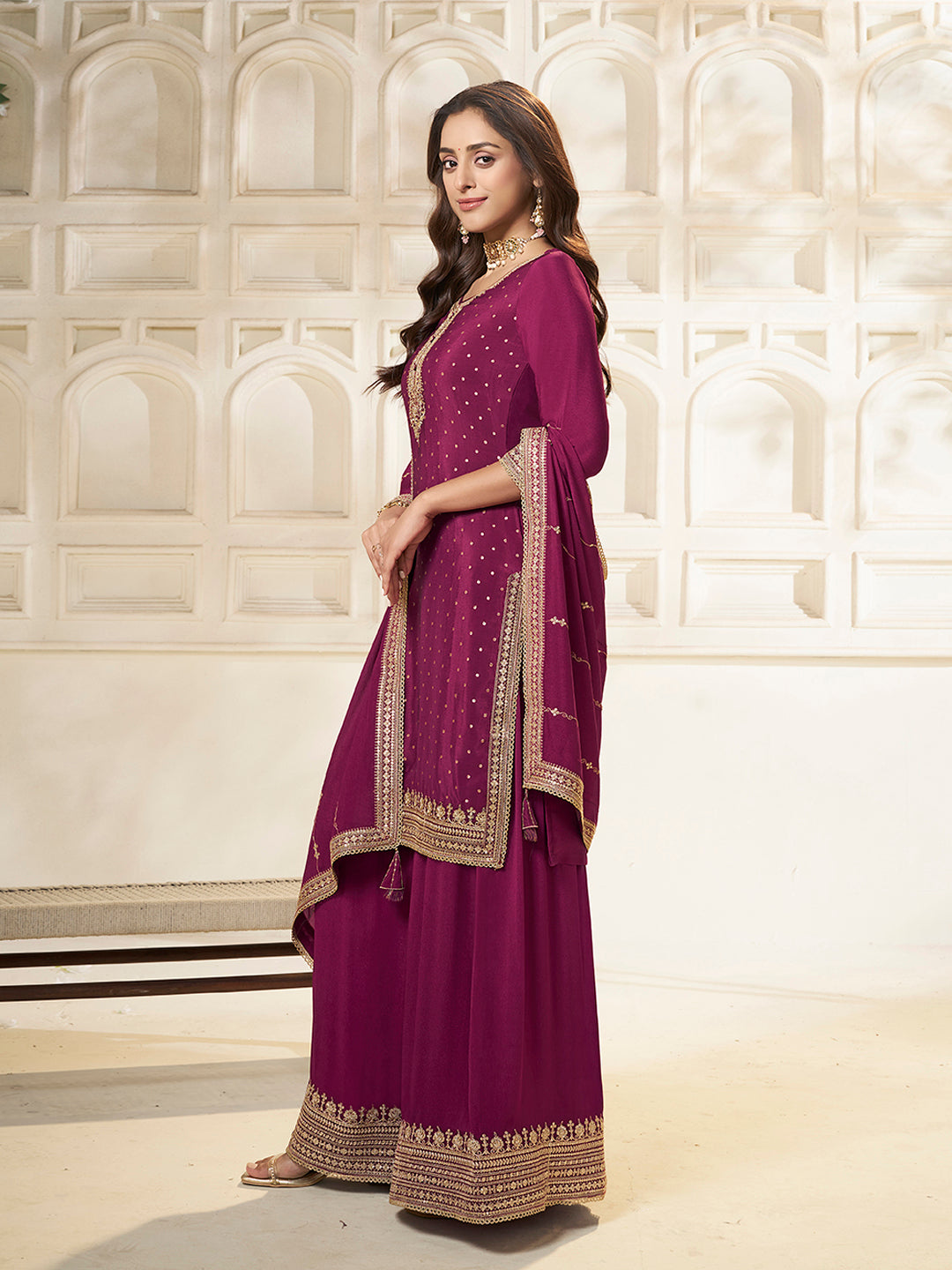 Wine Chinon Top with Sequins Embroidery and Sharara Suit Set - qivii