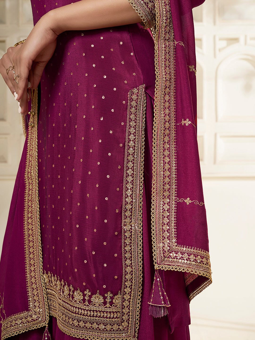 Wine Chinon Top with Sequins Embroidery and Sharara Suit Set - qivii