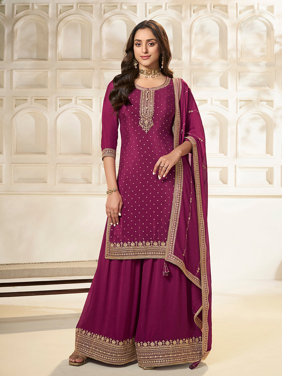 Wine Chinon Top with Sequins Embroidery and Sharara Suit Set - qivii