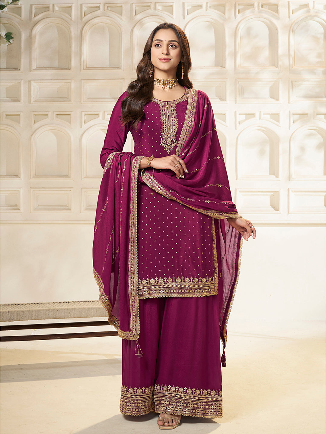 Wine Chinon Top with Sequins Embroidery and Sharara Suit Set - qivii