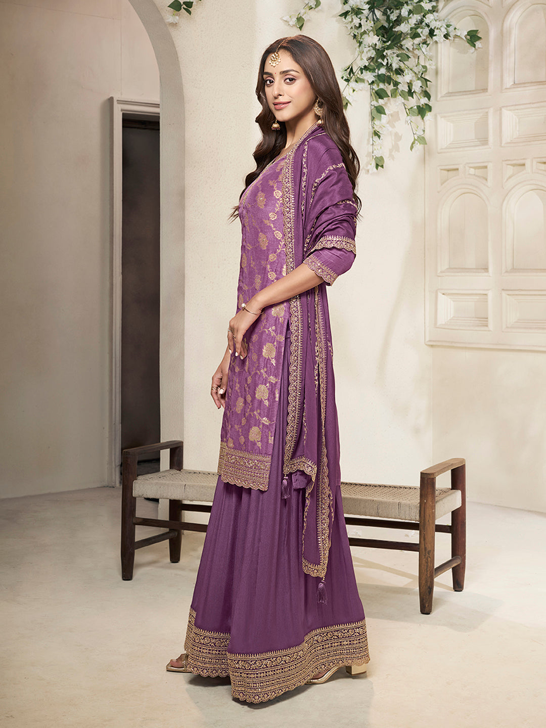 Purple Dola Silk Colour Contrast Sharara Suit Set - qivii