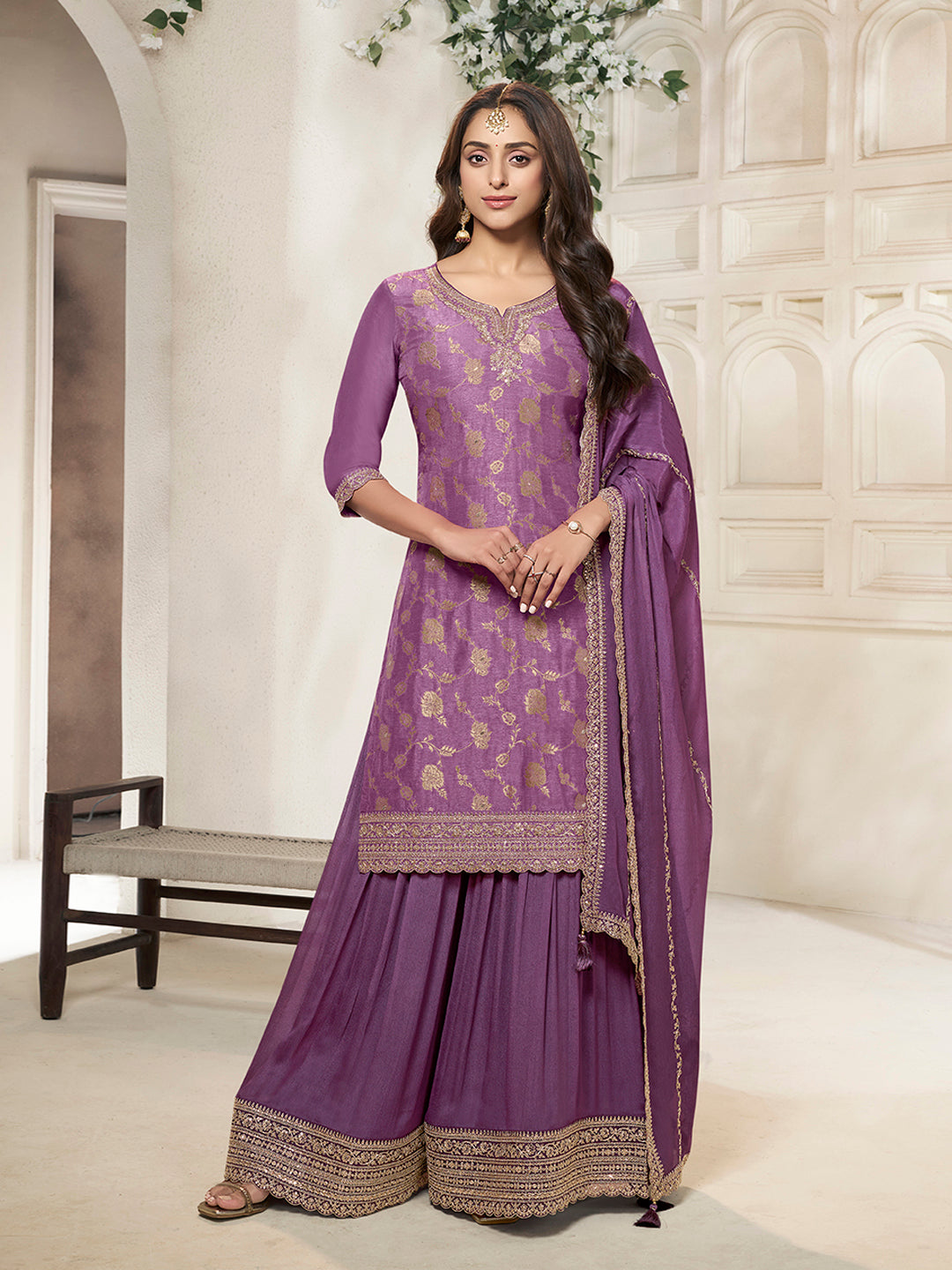 Purple Dola Silk Colour Contrast Sharara Suit Set - qivii