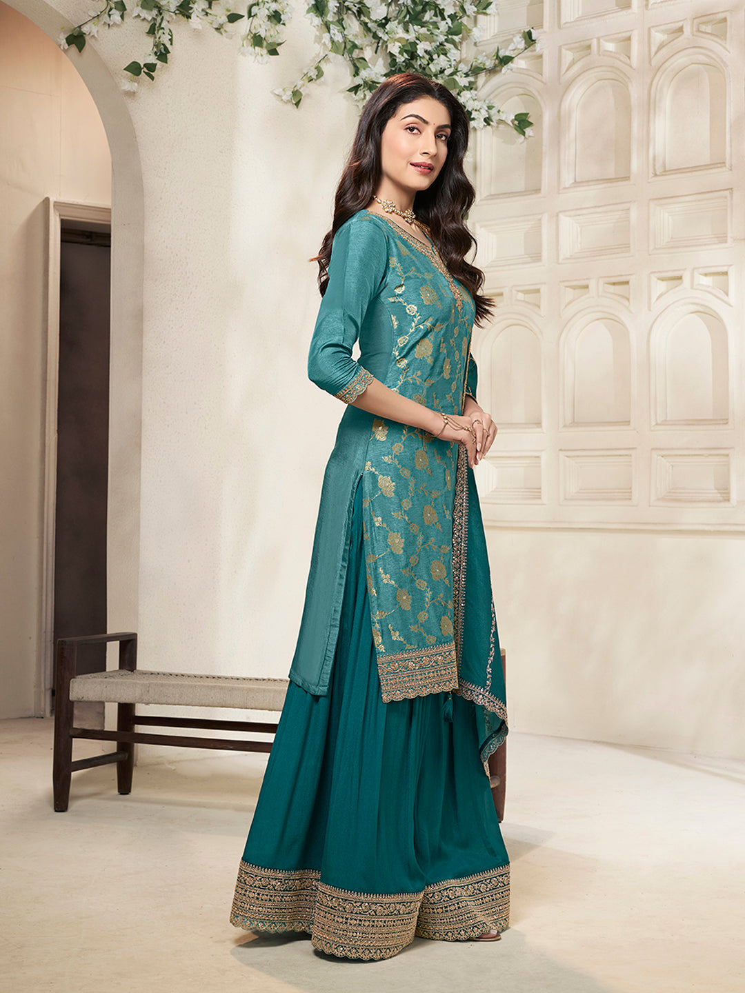 Teal Dola Silk Colour Contrast Sharara Suit Set - qivii