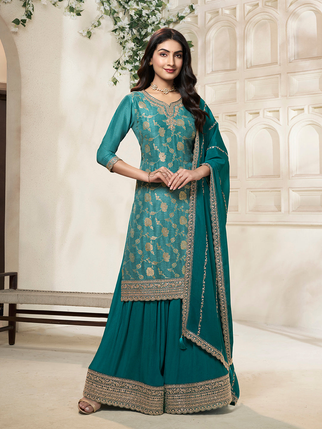 Teal Dola Silk Colour Contrast Sharara Suit Set - qivii