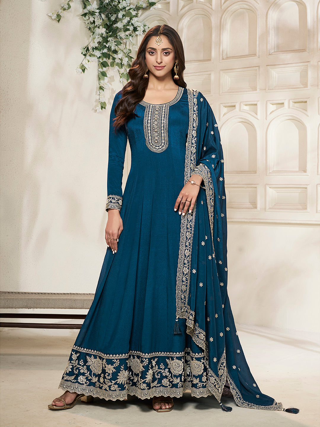 Blue Chinon Top with White Embroidery & Sequins Anarkali Suit Set - qivii