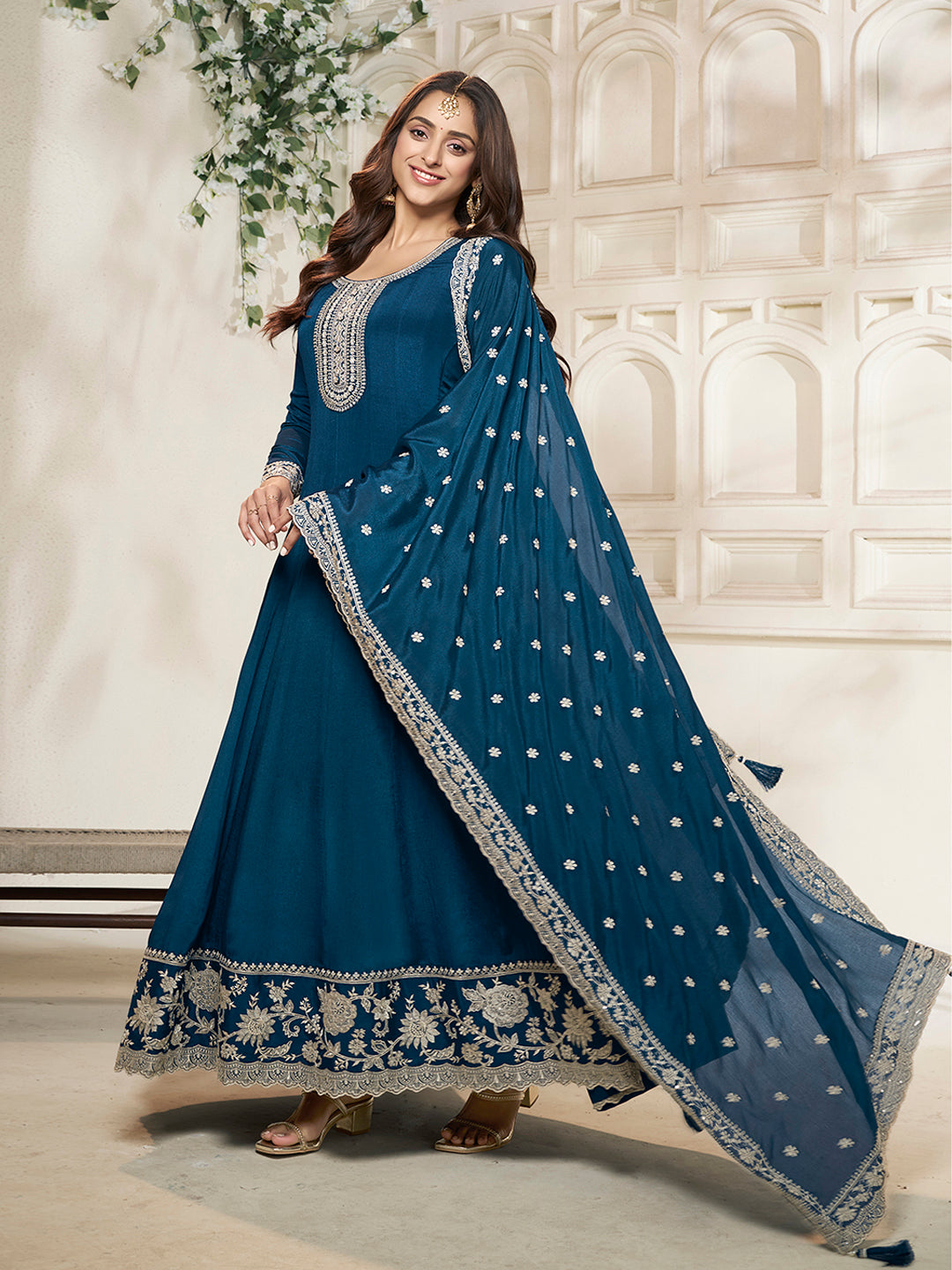 Blue Chinon Top with White Embroidery & Sequins Anarkali Suit Set - qivii