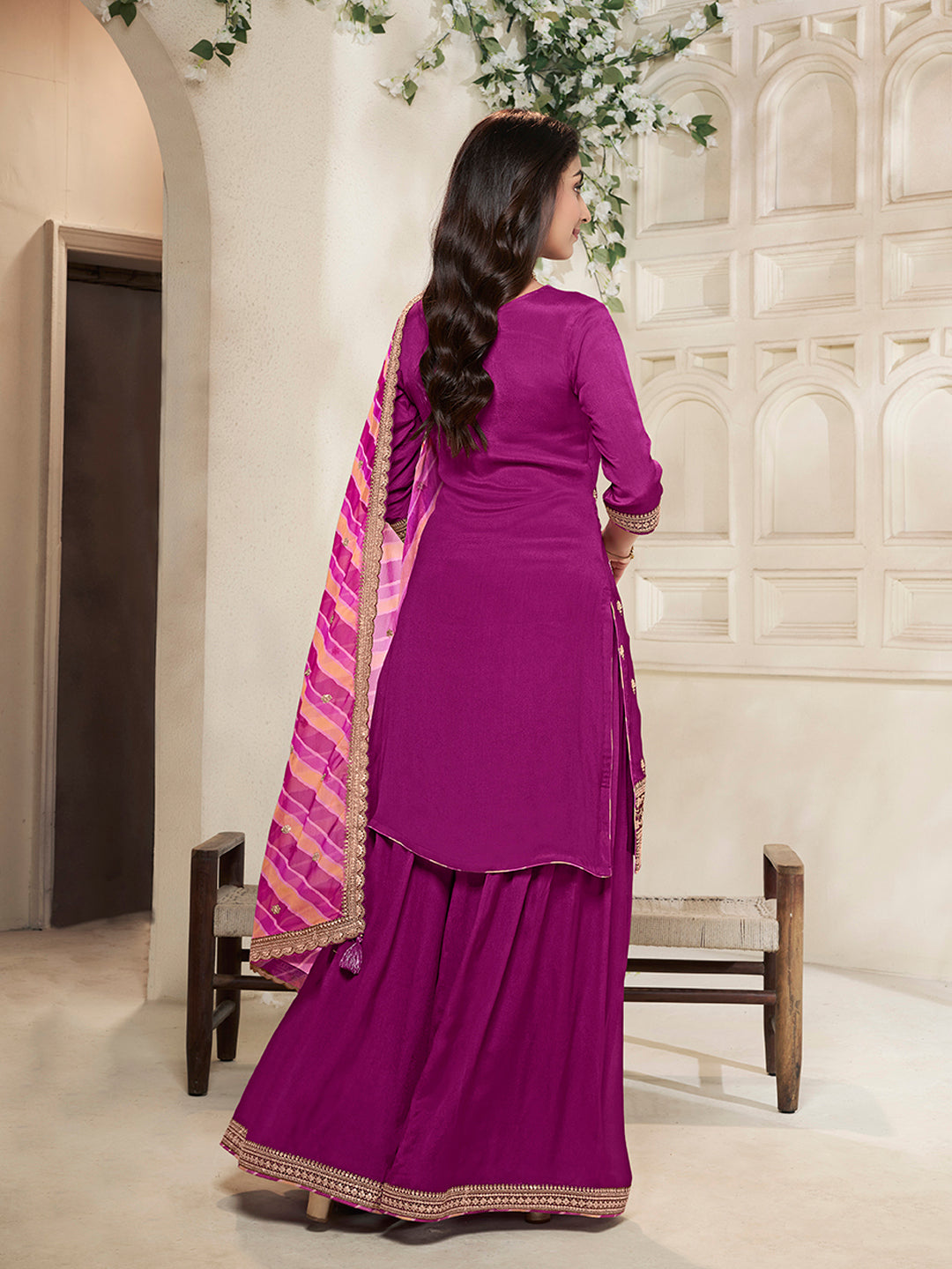 Purple Chinon top, embellished sharara, and lehariya printed dupatta. Sharara Suit Set. - qivii