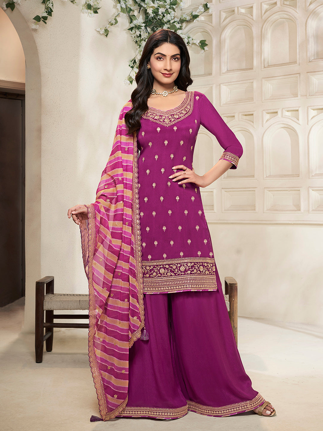 Purple Chinon top, embellished sharara, and lehariya printed dupatta. Sharara Suit Set. - qivii