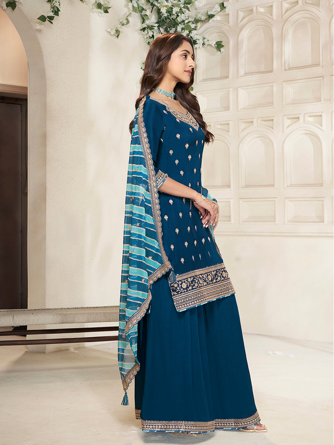 Royal Blue Sharara Suit with Chinnon Top and Printed Dupatta - qivii