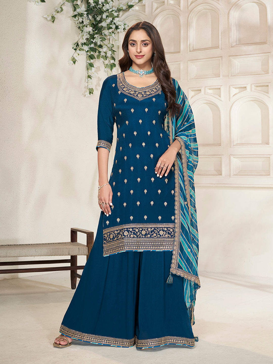 Royal Blue Sharara Suit with Chinon Top and Printed Dupatta - qivii
