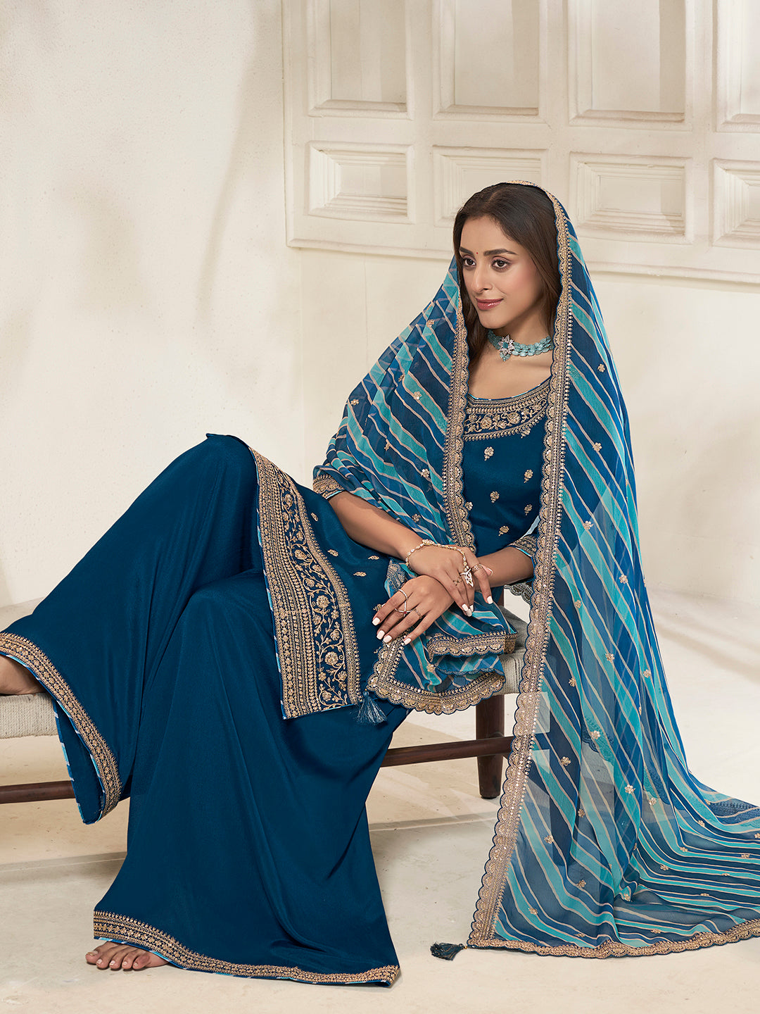 Royal Blue Sharara Suit with Chinon Top and Printed Dupatta - qivii