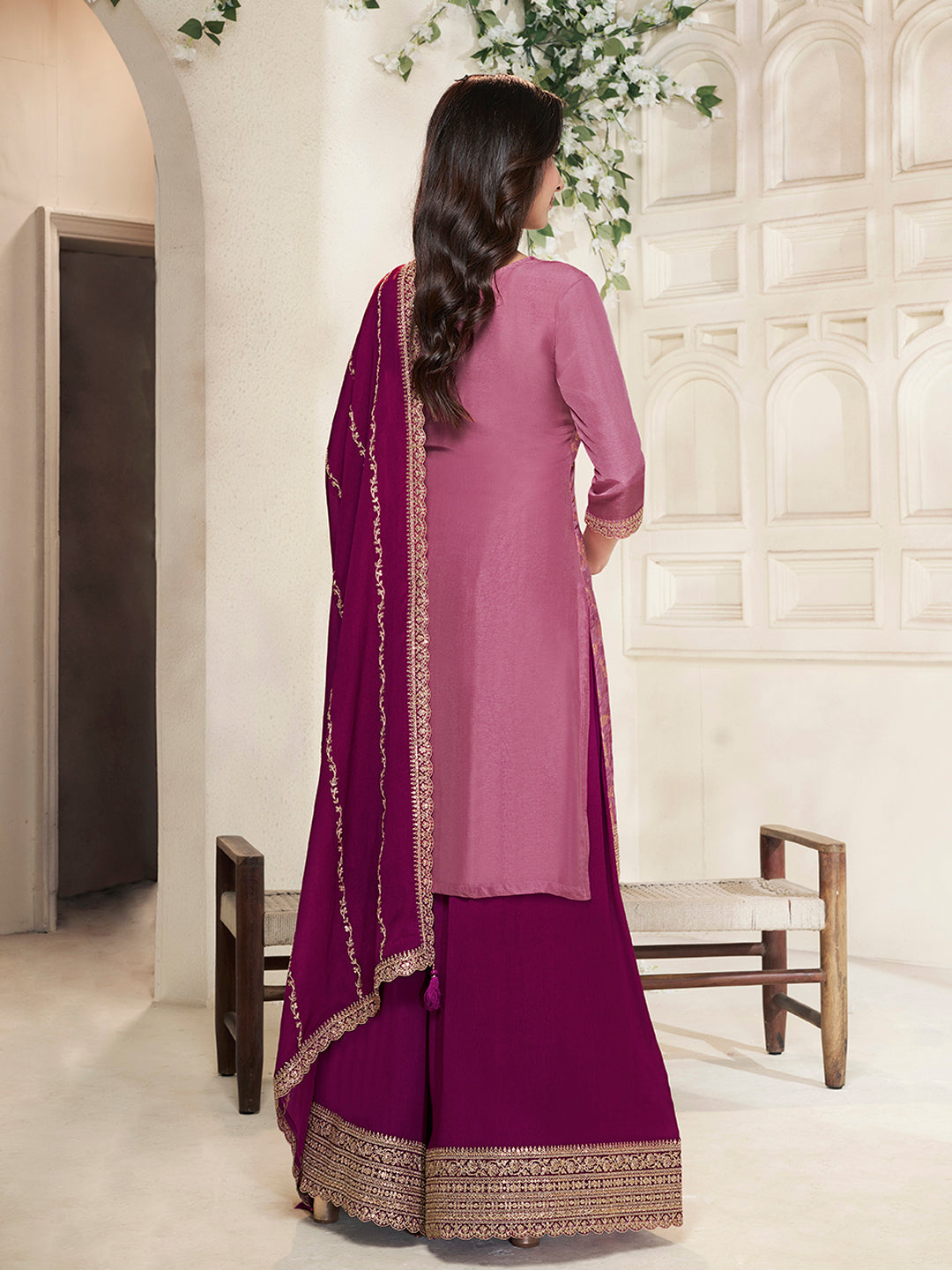 Wine Dola Silk Colour Contrast Sharara Suit Set - qivii