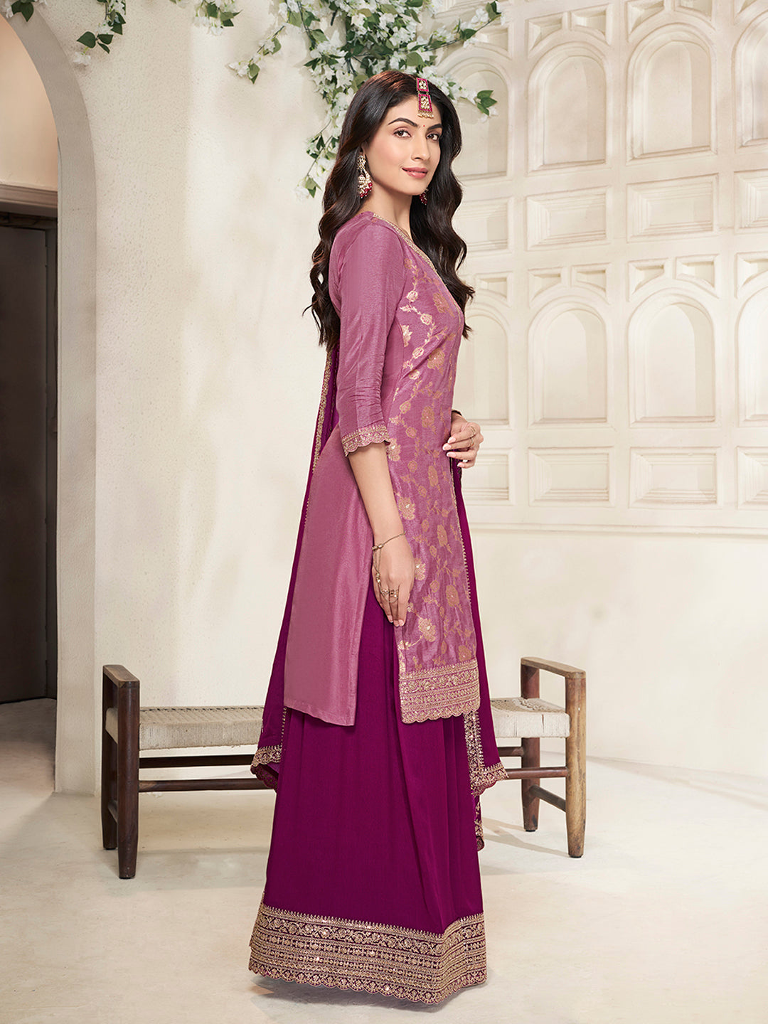 Wine Dola Silk Colour Contrast Sharara Suit Set - qivii