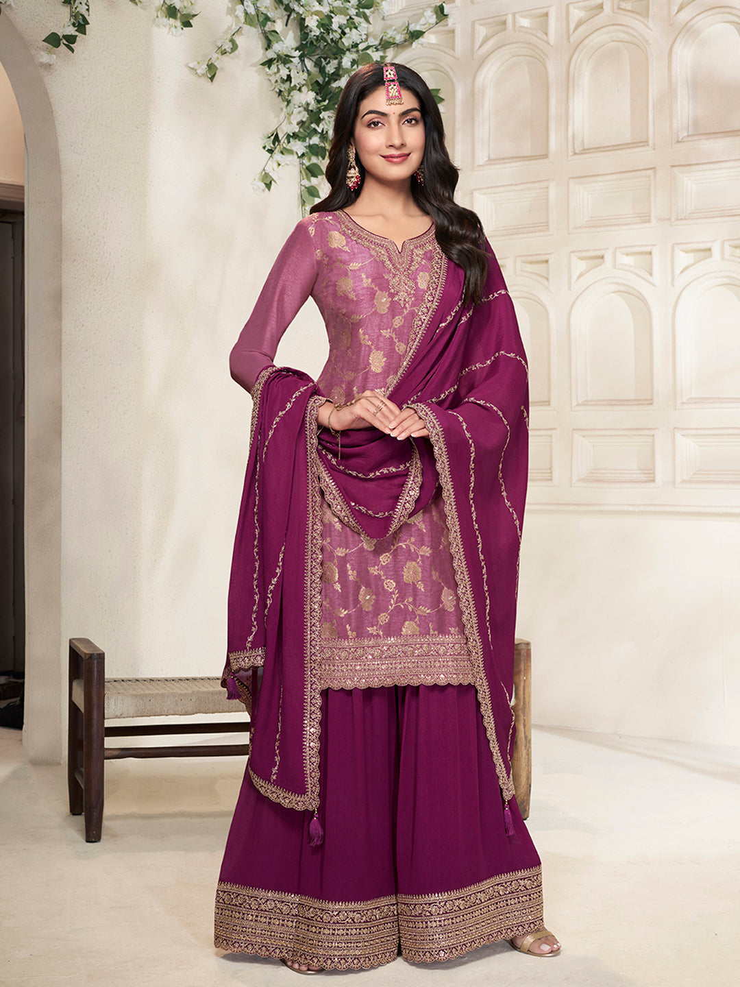 Wine Dola Silk Colour Contrast Sharara Suit Set - qivii