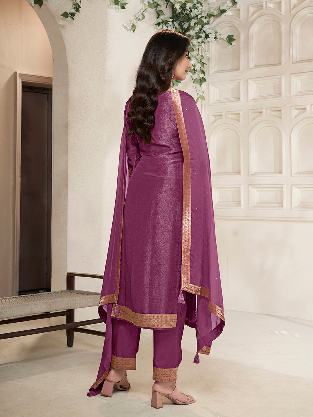 Purple Tissue Jacquard weave Kruta Suit Set - qivii