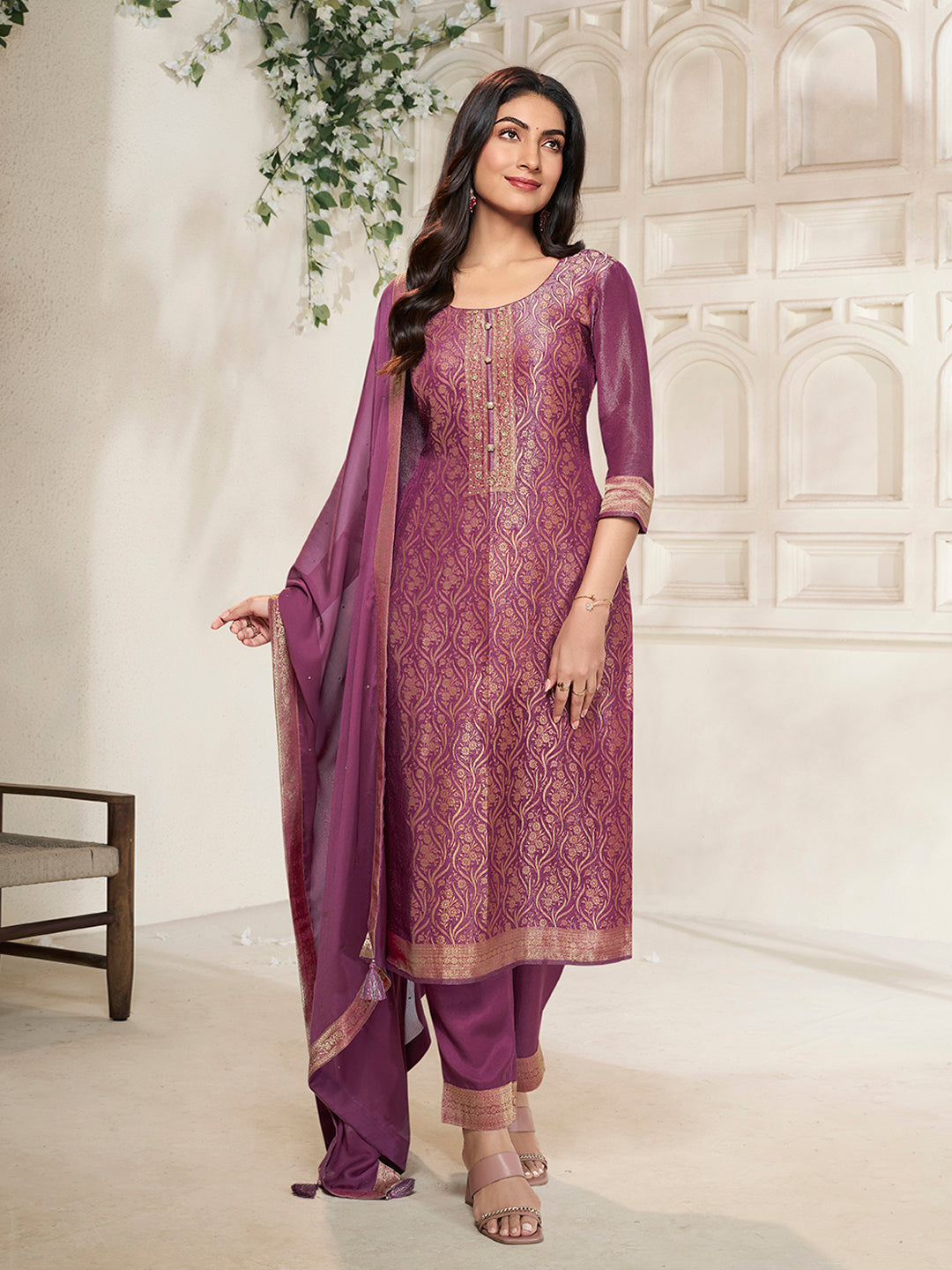 Purple Tissue Jacquard weave Kruta Suit Set - qivii