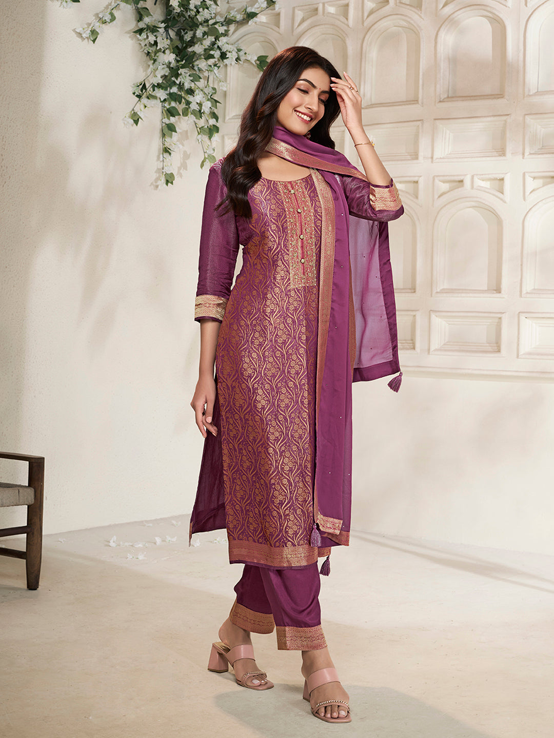 Purple Tissue Jacquard weave Kruta Suit Set - qivii