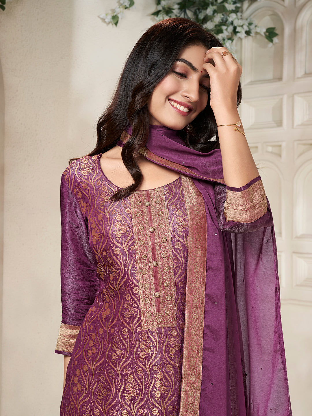 Purple Tissue Jacquard weave Kruta Suit Set - qivii