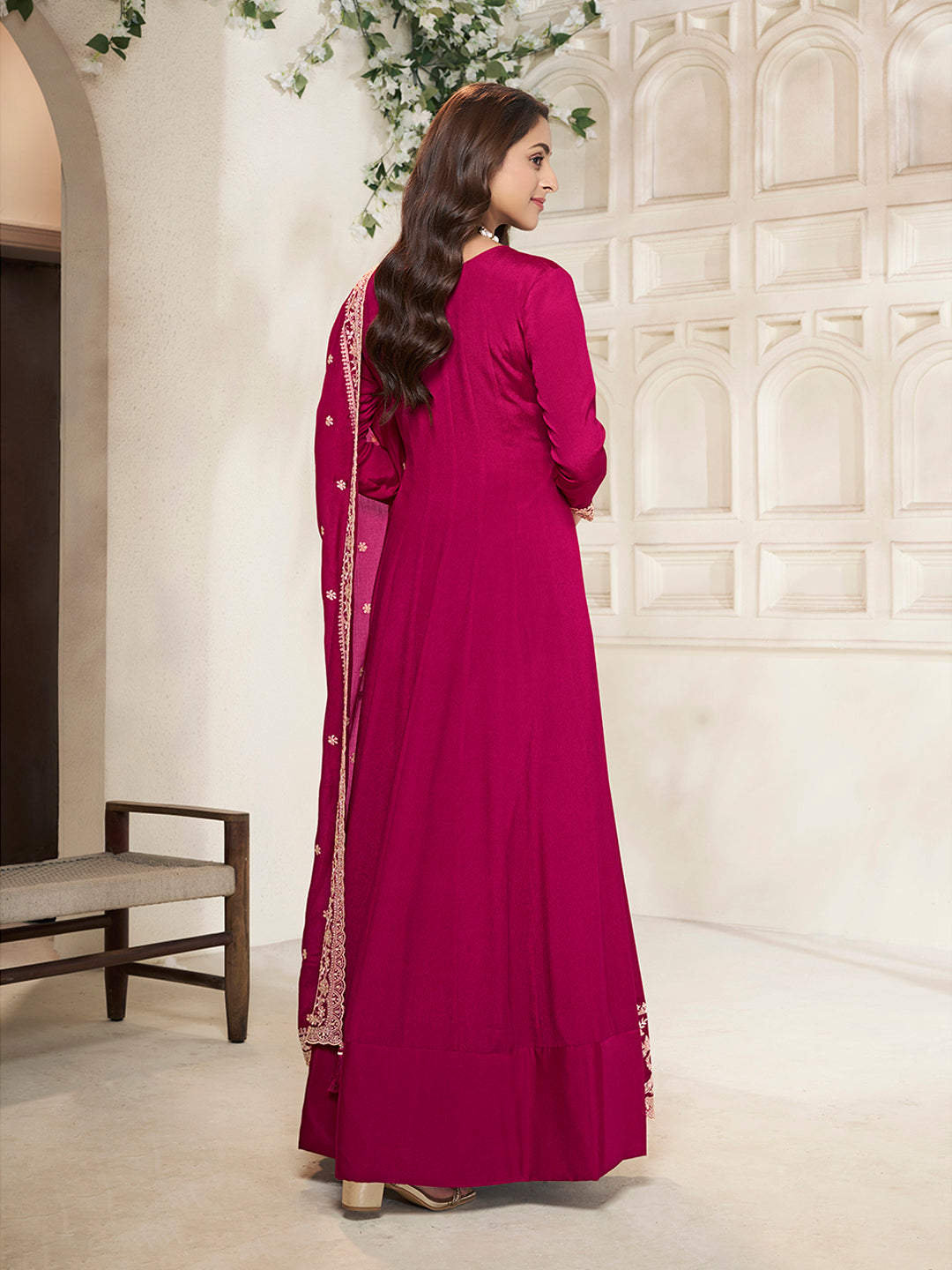 Red Chinon Top with White Embroidery & Sequins Anarkali Suit Set - qivii