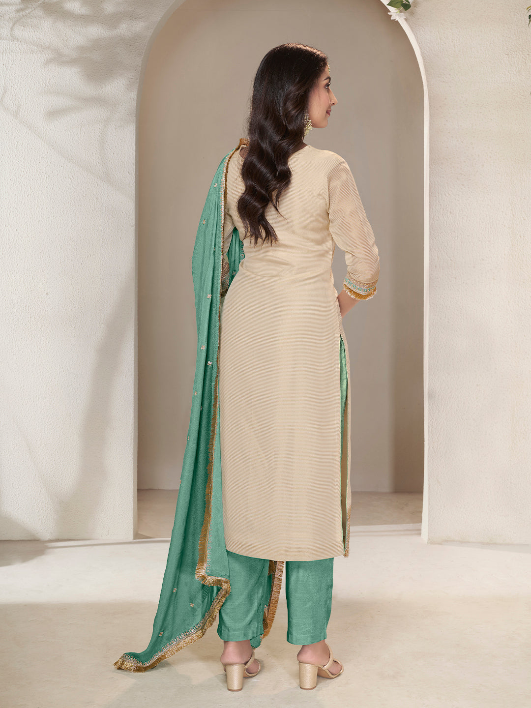 Off-white Tissue Sequins Embroidery Kurta With Green Dupatta