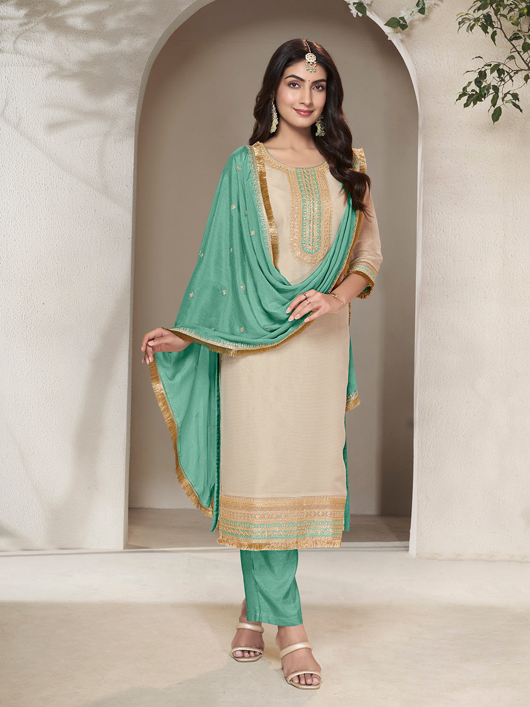 Off-white Tissue Sequins Embroidery Kurta With Green Dupatta