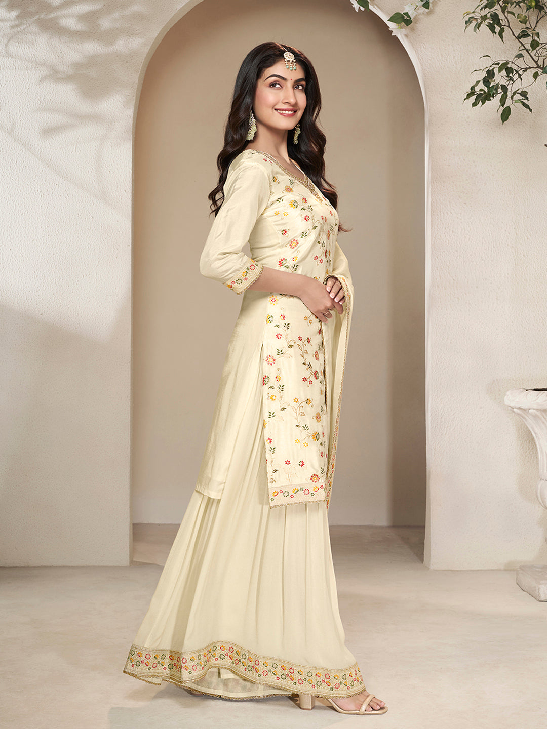 Off-White Dola Silk Sharara Suit Set with Floral Meena Jacquard Work - qivii