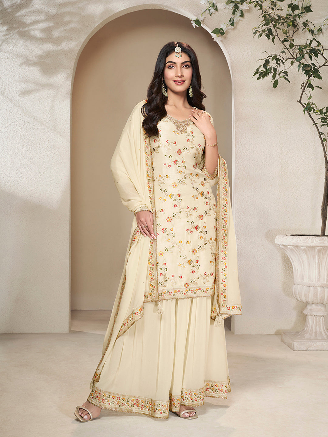 Off-White Dola Silk Sharara Suit Set with Floral Meena Jacquard Work - qivii