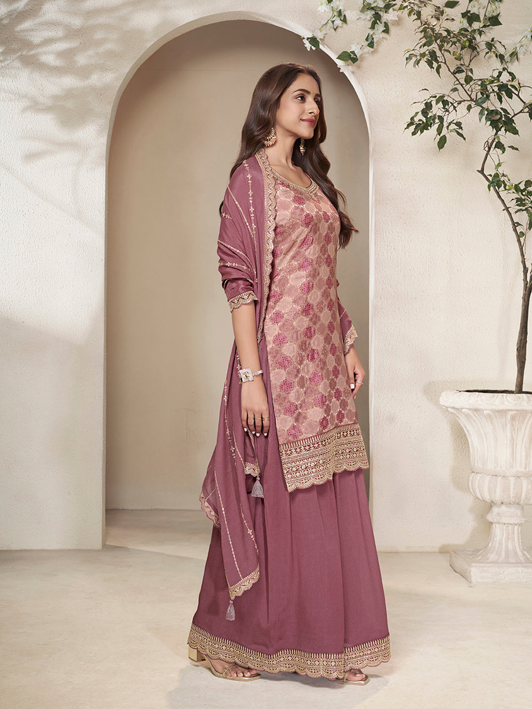 Burgundy Dola Silk Position Print Sharara Suit Set - qivii