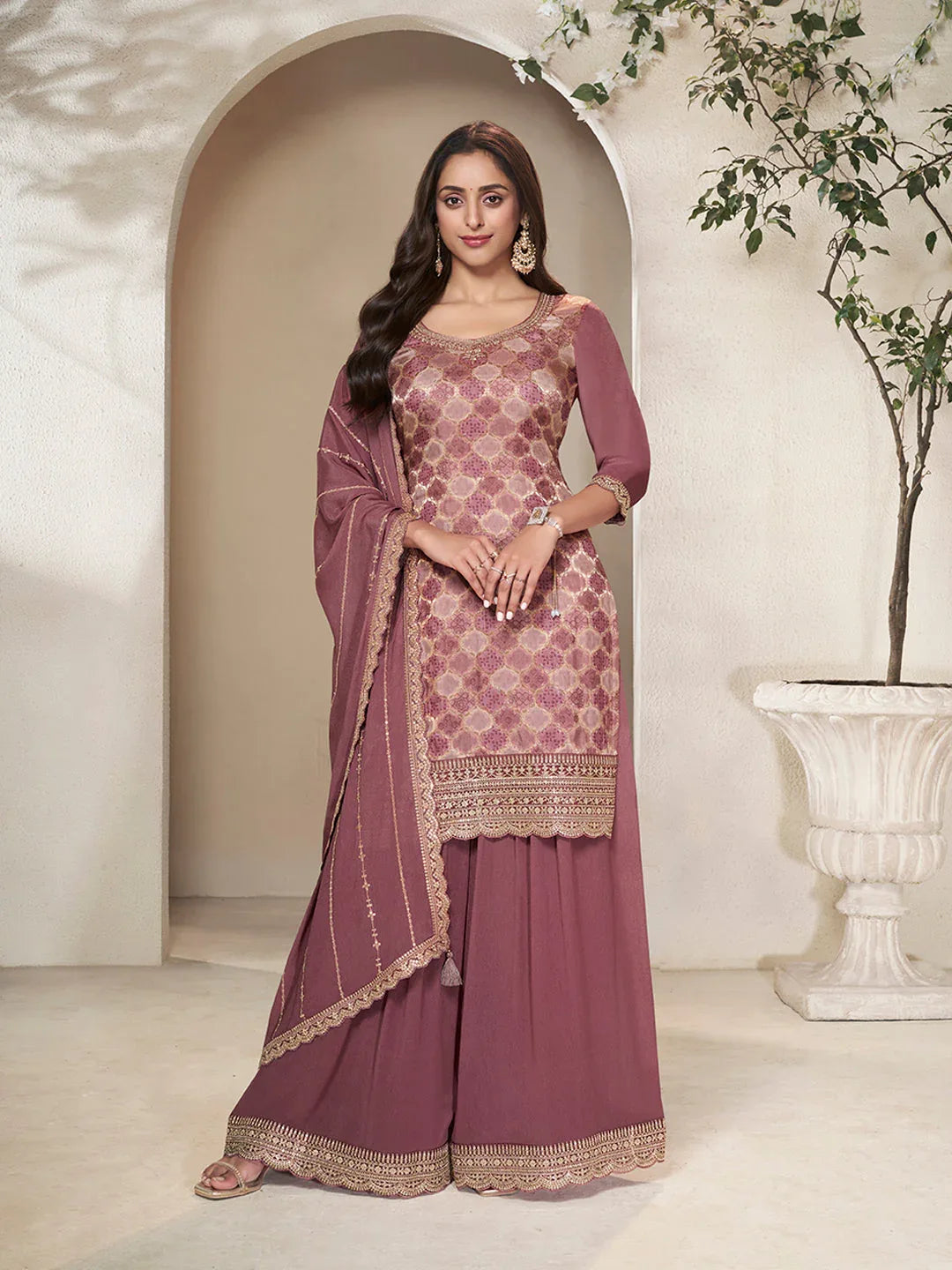 Burgundy Dola Silk Position Print Sharara Suit Set
