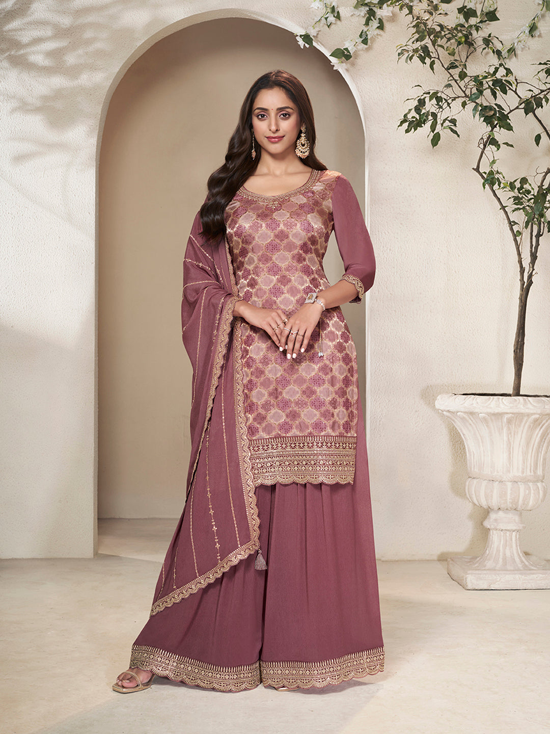 Burgundy Dola Silk Position Print Sharara Suit Set - qivii