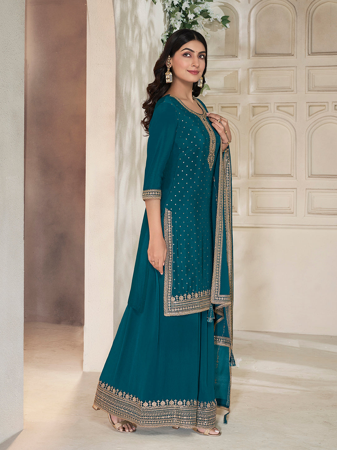 Dark Blue Chinon Top with Sequins Embroidery and Sharara Suit Set - qivii