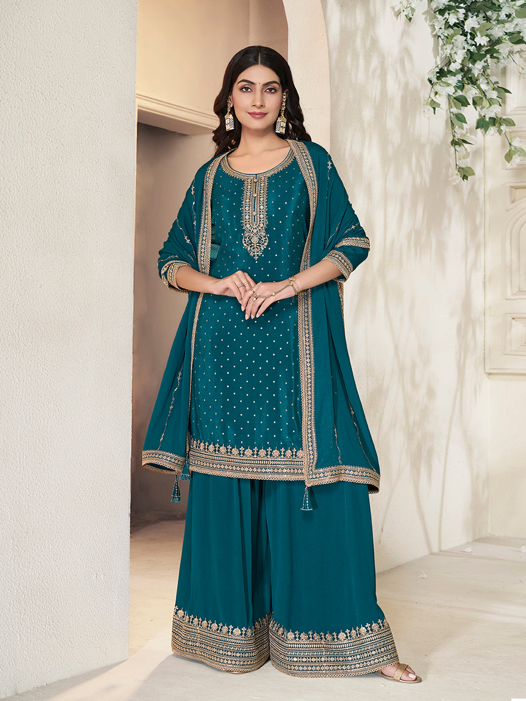 Dark Blue Chinon Top with Sequins Embroidery and Sharara Suit Set - qivii