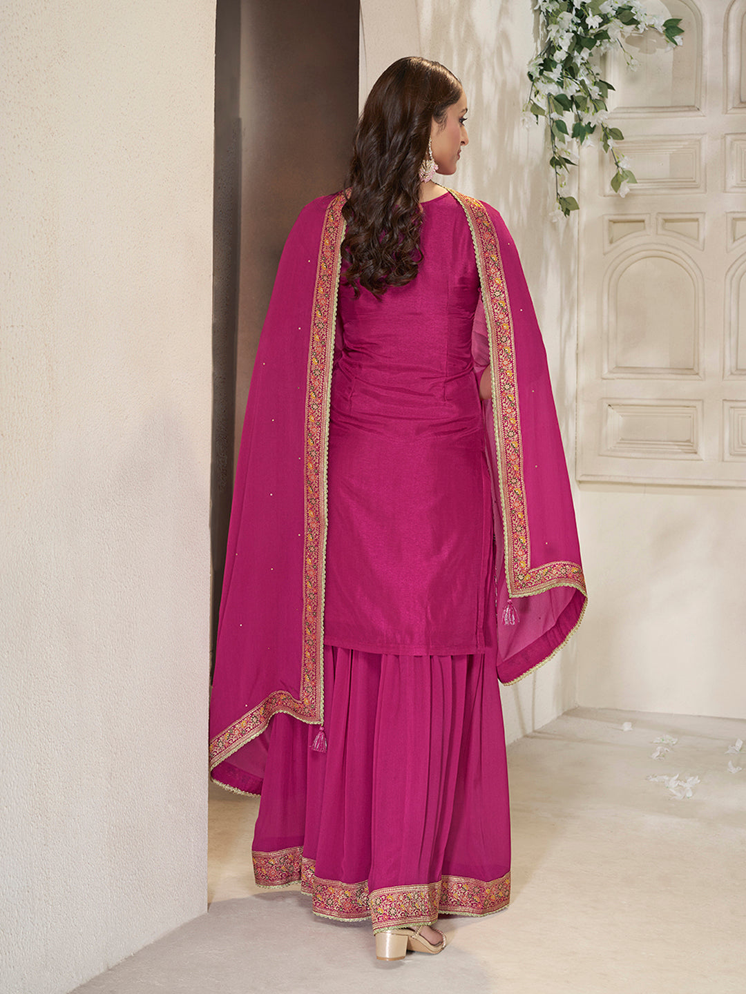 Pink Dola Silk Sharara Suit Set with Floral Meena Jacquard Work - qivii