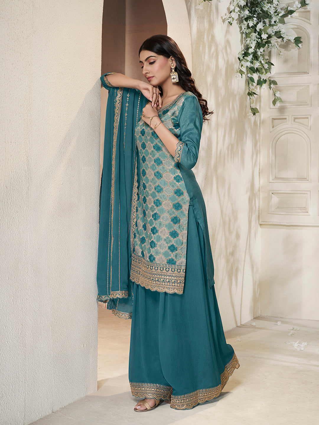 Teal Blue Dola Silk Position Print Sharara Suit Set - qivii