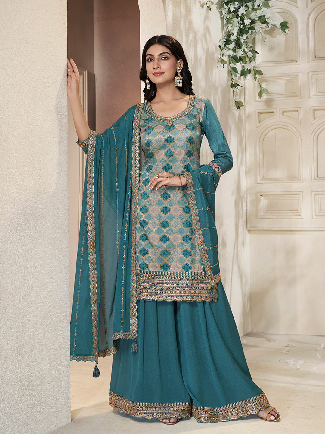 Teal Blue Dola Silk Position Print Sharara Suit Set - qivii