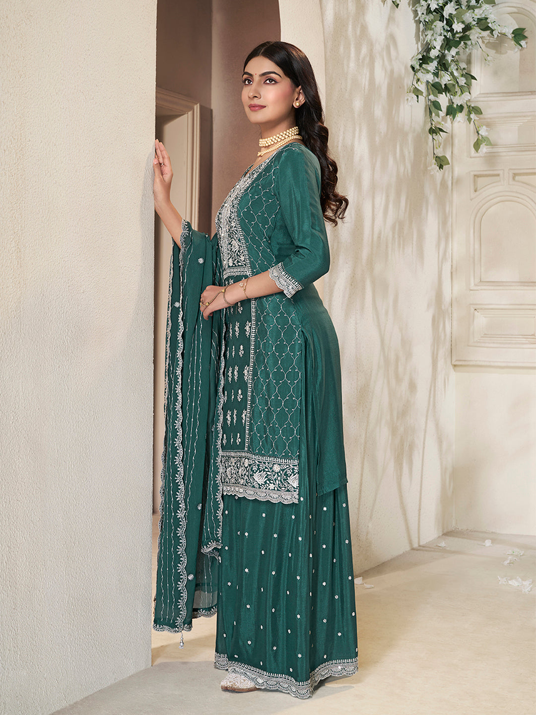 Embroidered Green Chinon Top with Sequin Detailing and Matching Sharara Suit Set - qivii