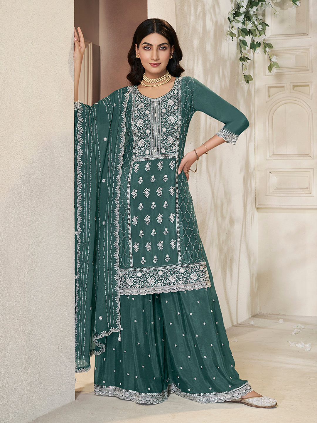 Embroidered Green Chinon Top with Sequin Detailing and Matching Sharara Suit Set - qivii
