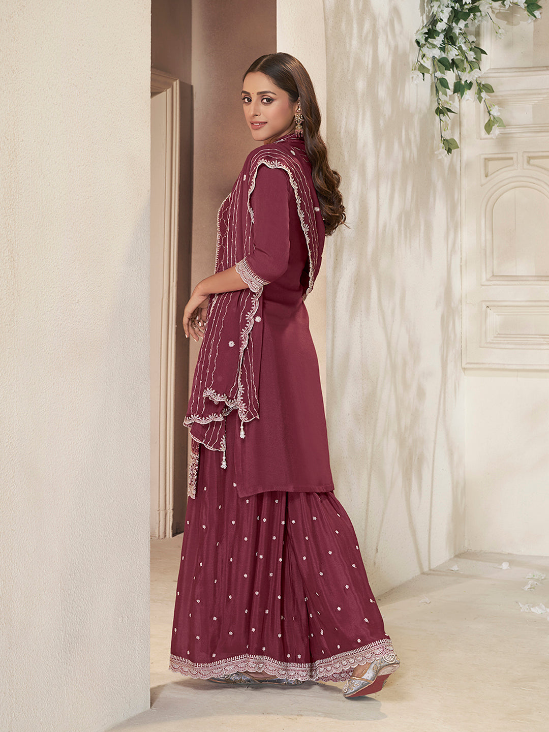 Embroidered Burgundy Chinon Top with Sequin Detailing and Matching Sharara Suit Set - qivii